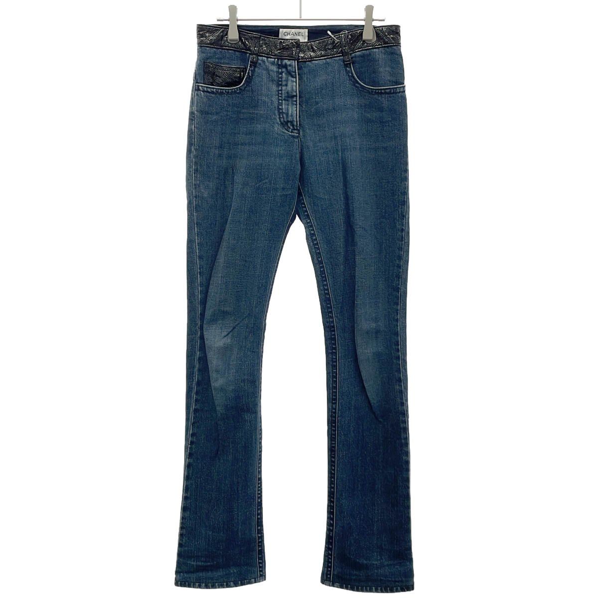 Chanel Lamb Patent Skinny Denim Pants Indigo Blue 36