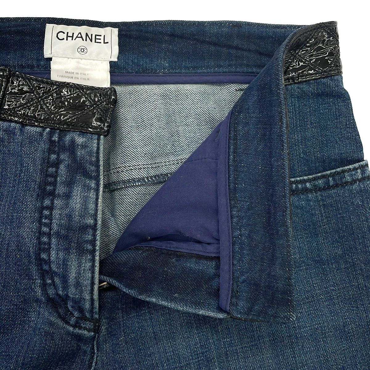 Chanel Lamb Patent Skinny Denim Pants Indigo Blue 36 — view 4