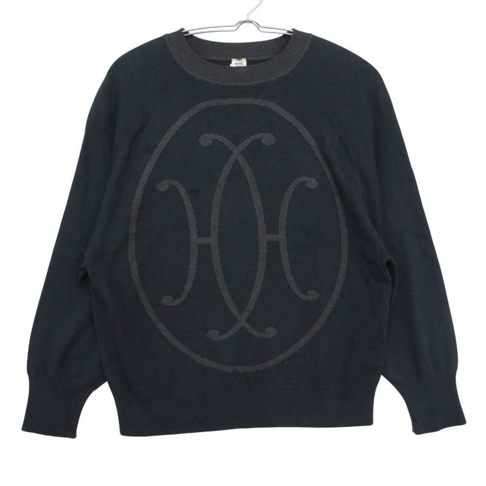Hermes Knit Logo Sweater Long Sleeve Crew Neck Top Gray