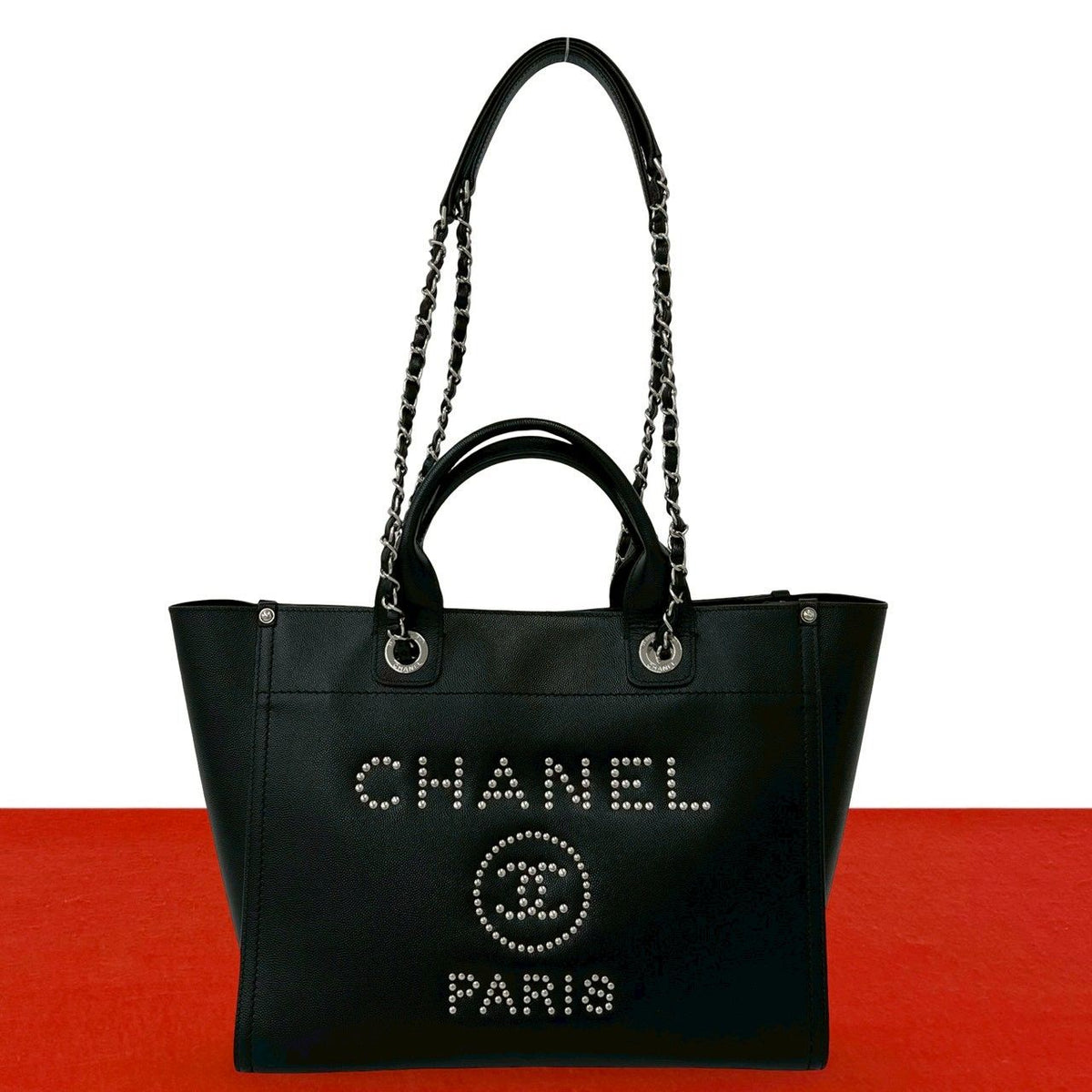 Chanel 25 Deauville CC Logo Caviar Leather 2-Way Tote Bag Black