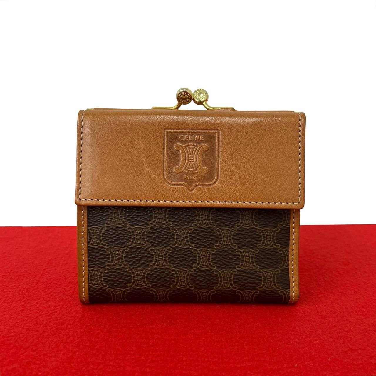 Celine Vintage Macadam Blason Pattern Leather Kiss Lock Trifold Wallet Mini