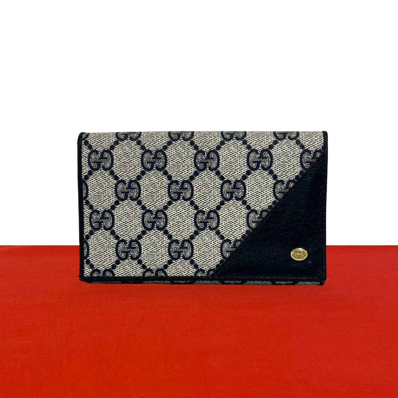 Gucci GG Logo Pattern Leather Bifold Wallet Mini Card Case Coin Purse Navy