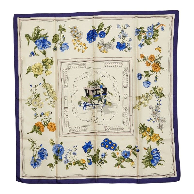 Hermes Carre 90 Quai Aux Fleurs Flower Blooming Coastal Street Scarf Large