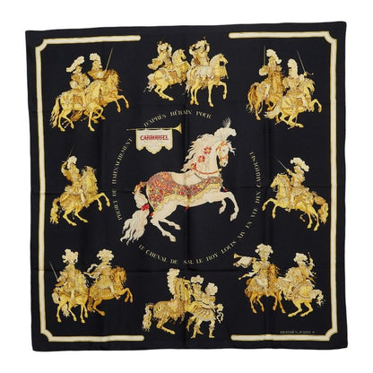 Hermes Carre 90 Carrousel Merry Go Round Scarf Large Black Gold Silk