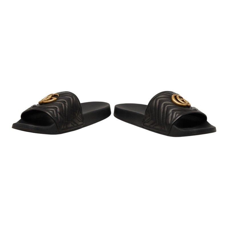 Gucci GG Marmont Shower Sandals Flat Black Leather Rubber — view 4