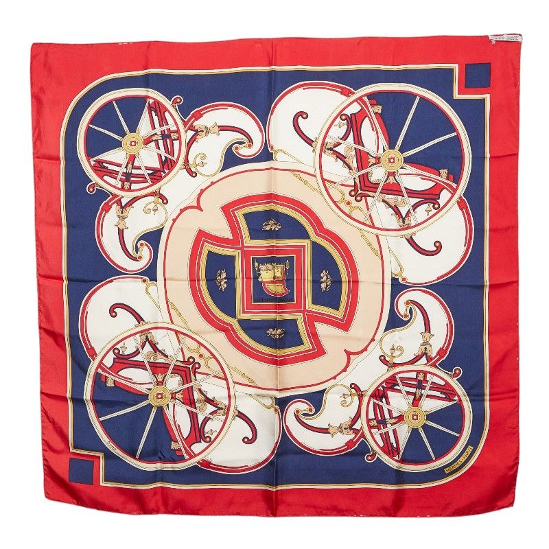 Hermes Carre 90 Washington's Carriage George Scarf Red Navy Multicolor Silk