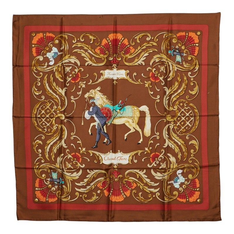 Hermes Carre 90 Cheval Turc Turkish Horse Scarf Brown Multicolor Silk
