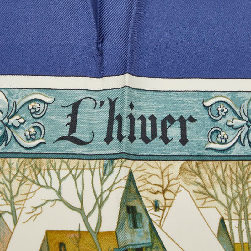 Hermes Carre 90 L'hiver Winter Fire Scarf Blue Ivory Multicolor Silk — view 2