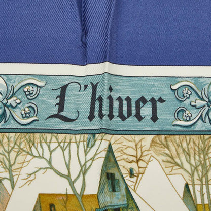Hermes Carre 90 L'hiver Winter Fire Scarf Blue Ivory Multicolor Silk — view 2