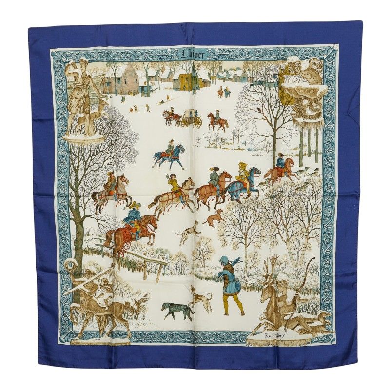 Hermes Carre 90 L'hiver Winter Fire Scarf Blue Ivory Multicolor Silk