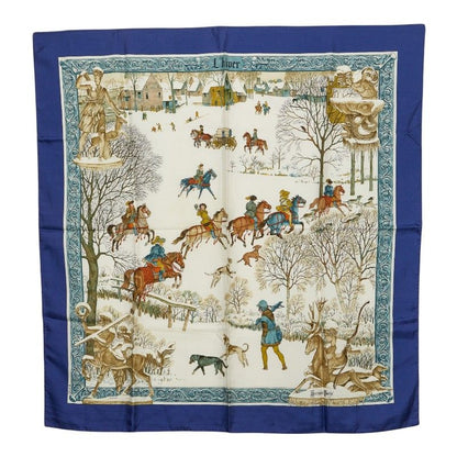 Hermes Carre 90 L'hiver Winter Fire Scarf Blue Ivory Multicolor Silk