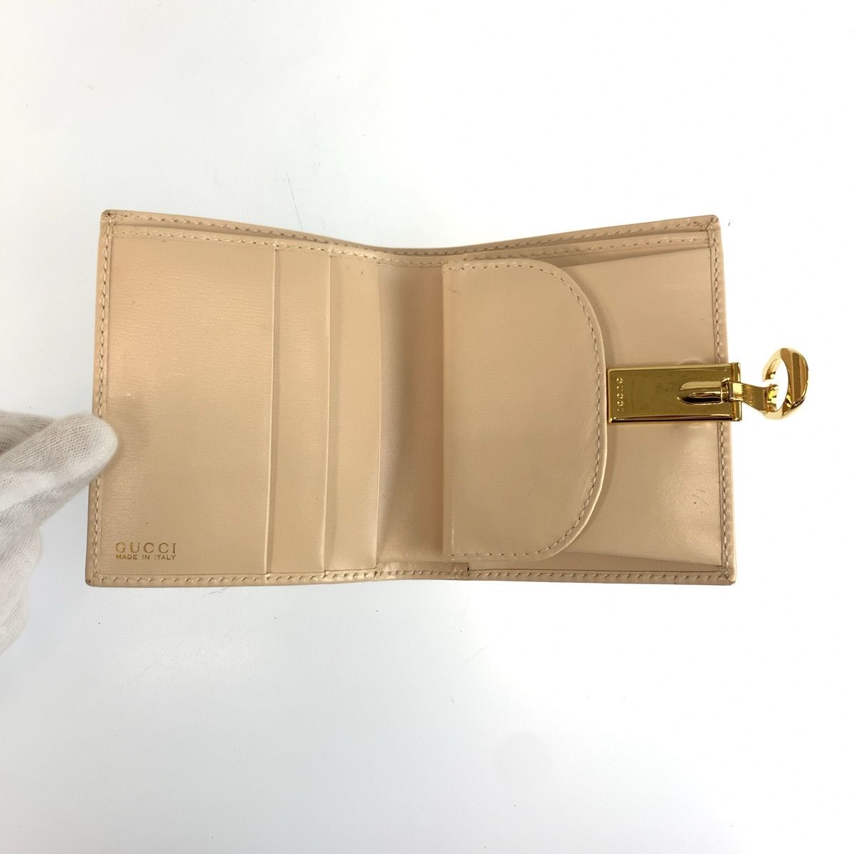Gucci Logo Beige Gold Leather 035 Fold Wallet Compact — view 4