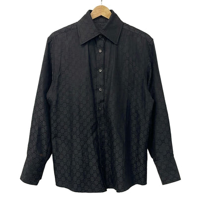 Gucci Long Sleeve Shirt Blouse 40 M Dark Brown Silk Blend GG Pattern