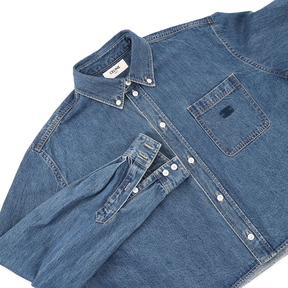 Celine Long Sleeve Shirt Triomphe Embroidered Cropped Denim M — view 3