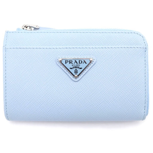Prada Triangle Logo Coin Case Miniwallet Lightblue Safi Leather Silver