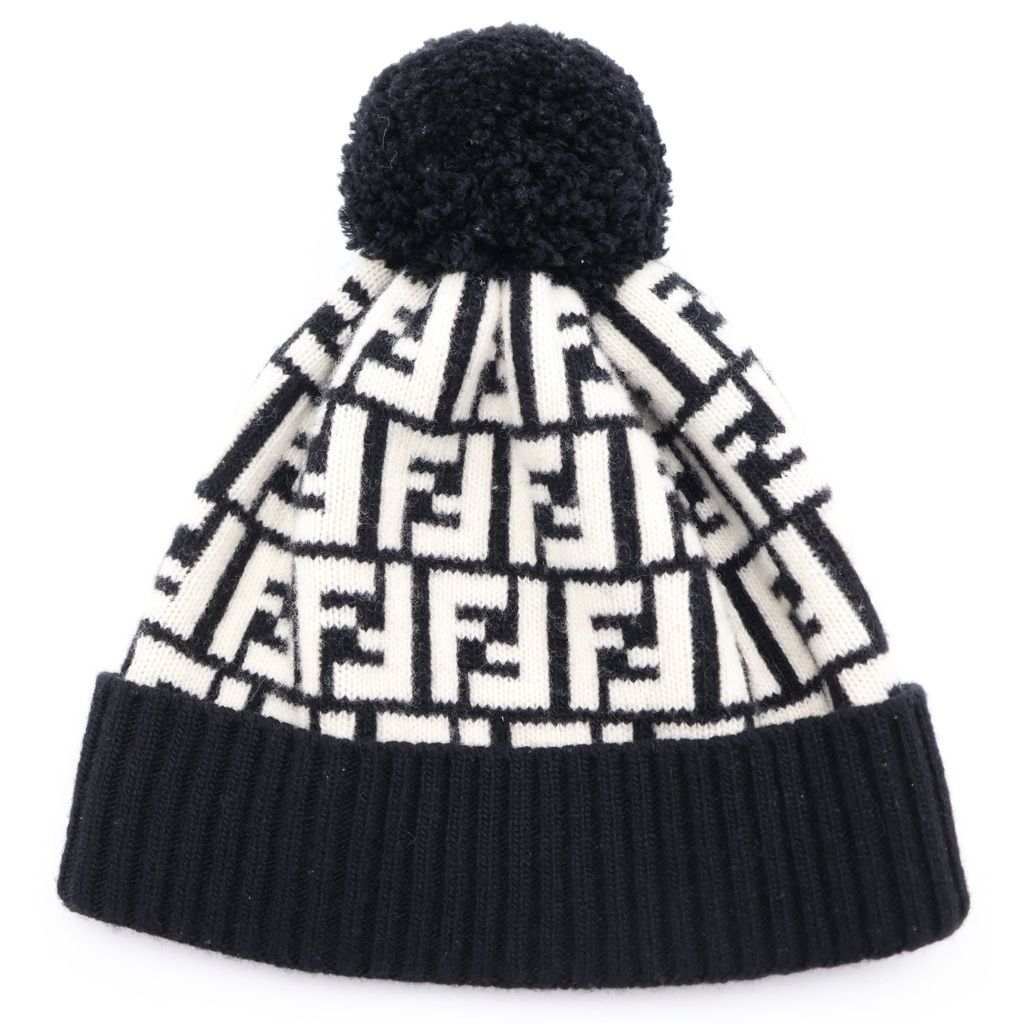 Fendi Zucca Pattern Pom Knit Cap Hat Black White