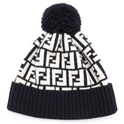 Fendi Zucca Pattern Pom Knit Cap Hat Black White