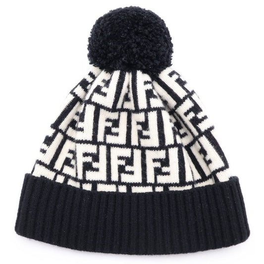 Fendi Zucca Pattern Pom Knit Cap Hat Black White