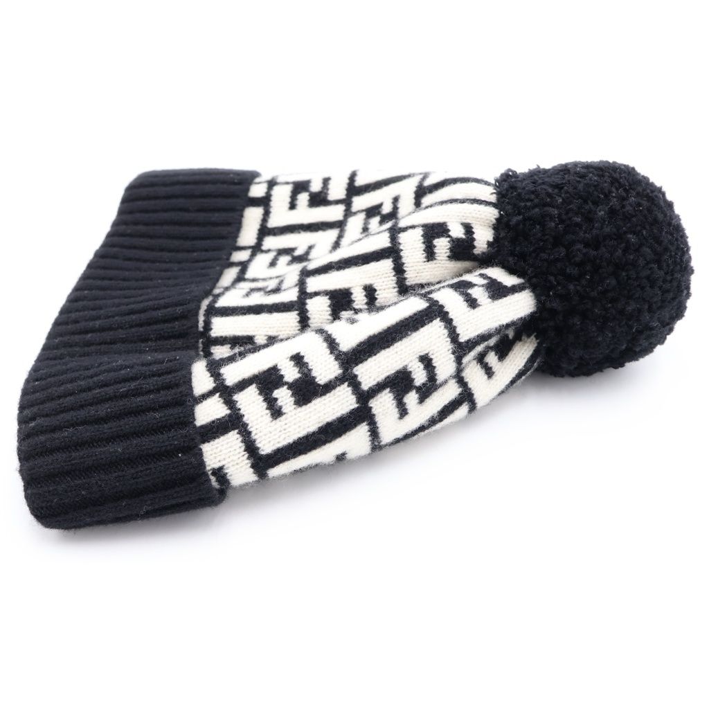 Fendi Zucca Pattern Pom Knit Cap Hat Black White — view 3