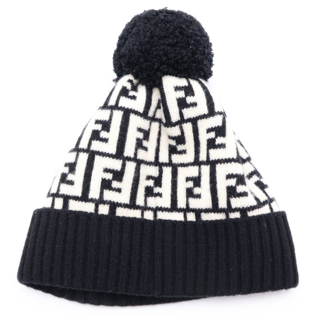 Fendi Zucca Pattern Pom Knit Cap Hat Black White — view 2