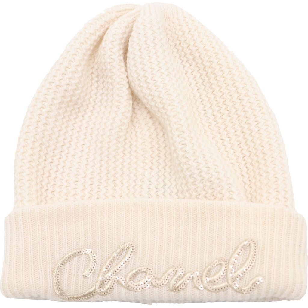 Chanel Logo Motif Cashmere Knit Cap Hat White