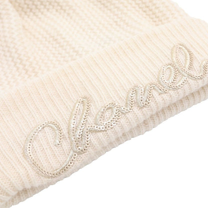 Chanel Logo Motif Cashmere Knit Cap Hat White — view 5