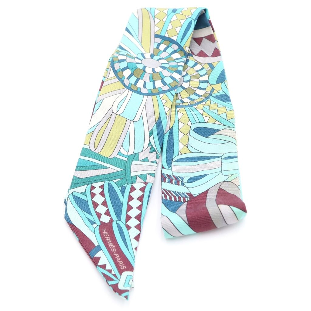 Hermes Les Flots du Cheval Twilly Scarf Green Multicolor