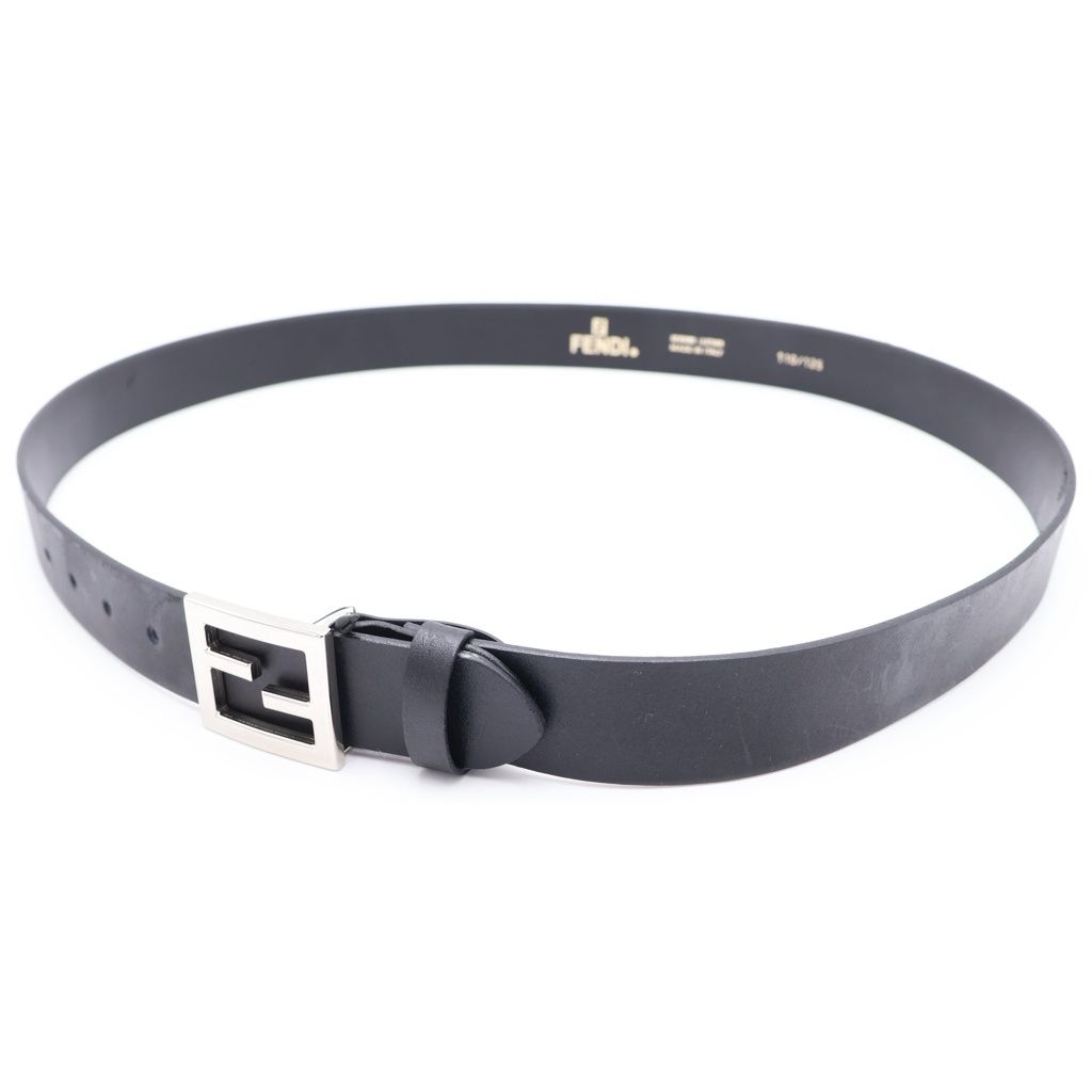 Fendi FF Logo Leather Belt Silver Buckle Black