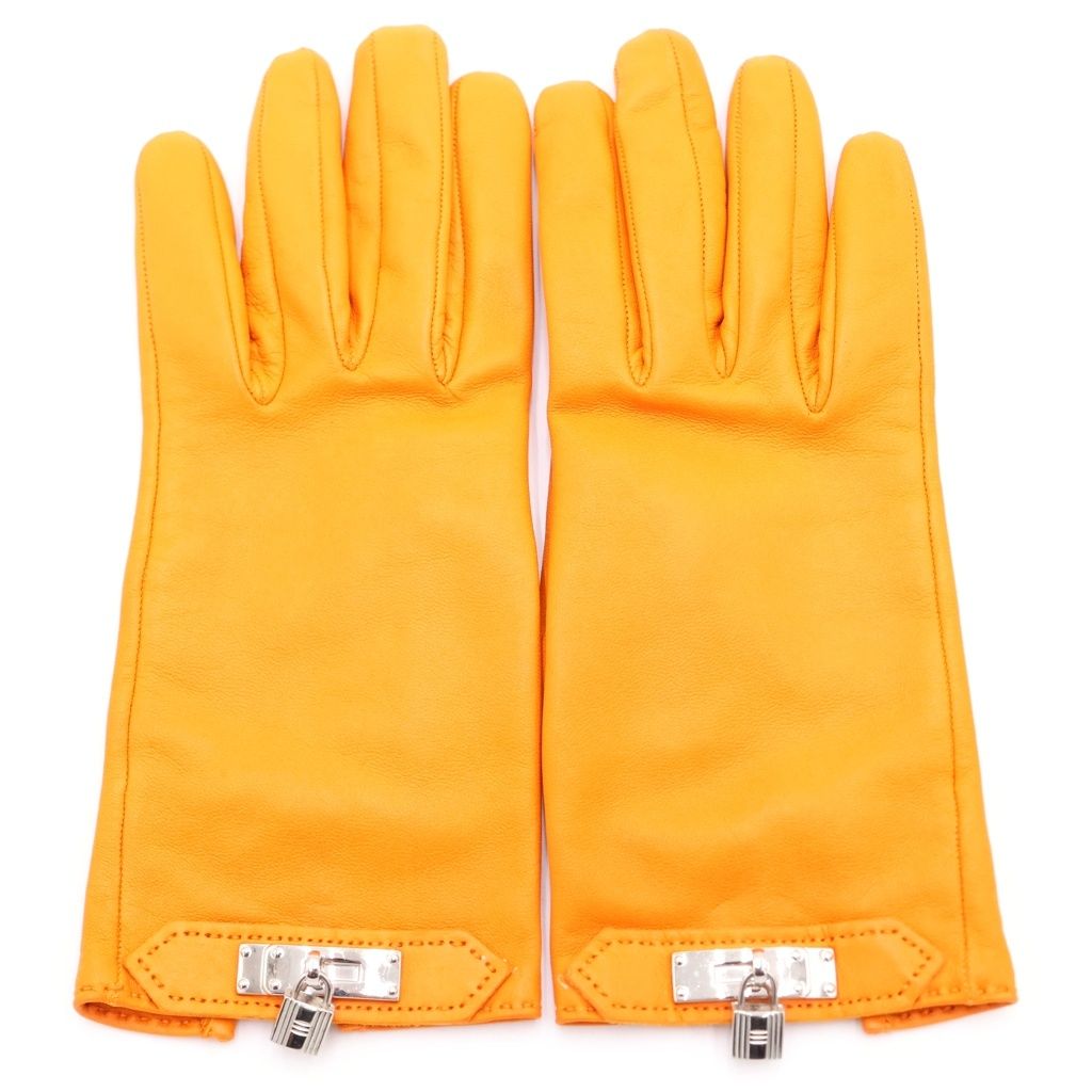 Hermes Kelly Buckle Cadena Lambskin Leather Gloves Silver Orange