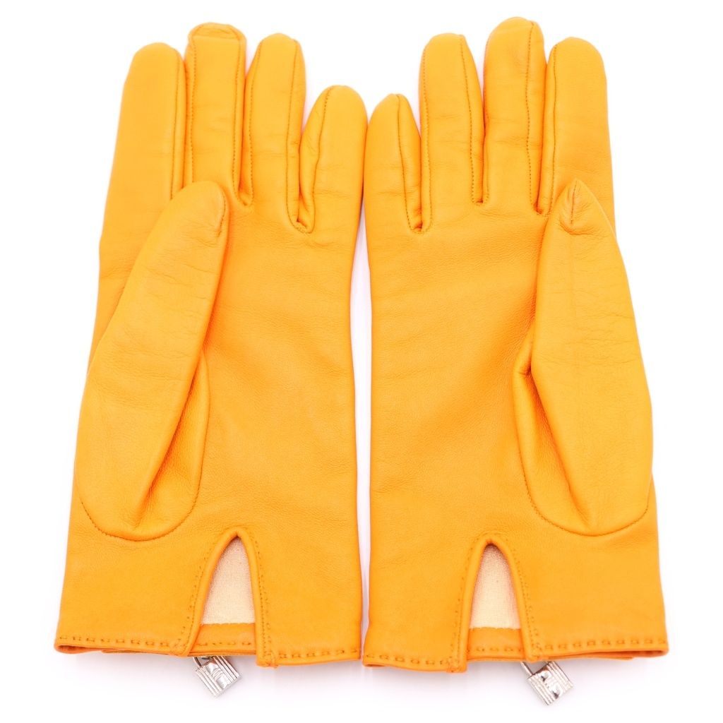 Hermes Kelly Buckle Cadena Lambskin Leather Gloves Silver Orange — view 2