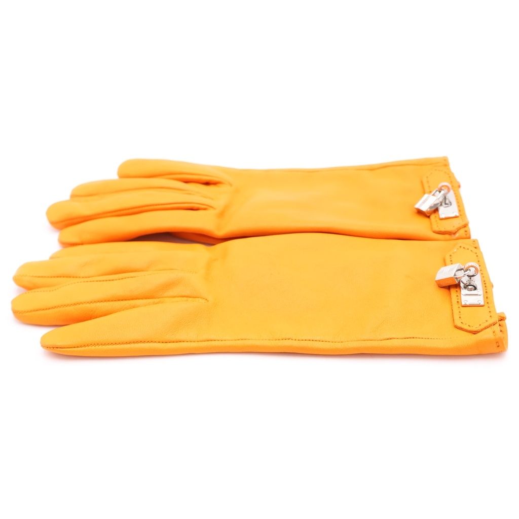 Hermes Kelly Buckle Cadena Lambskin Leather Gloves Silver Orange — view 4
