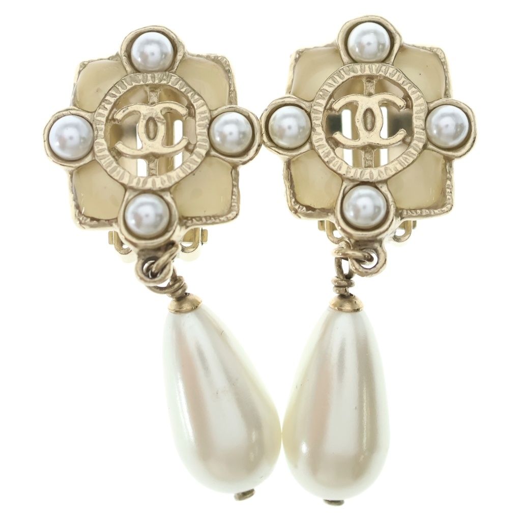 Chanel CC Logo Faux Pearl Drop Earrings Gold