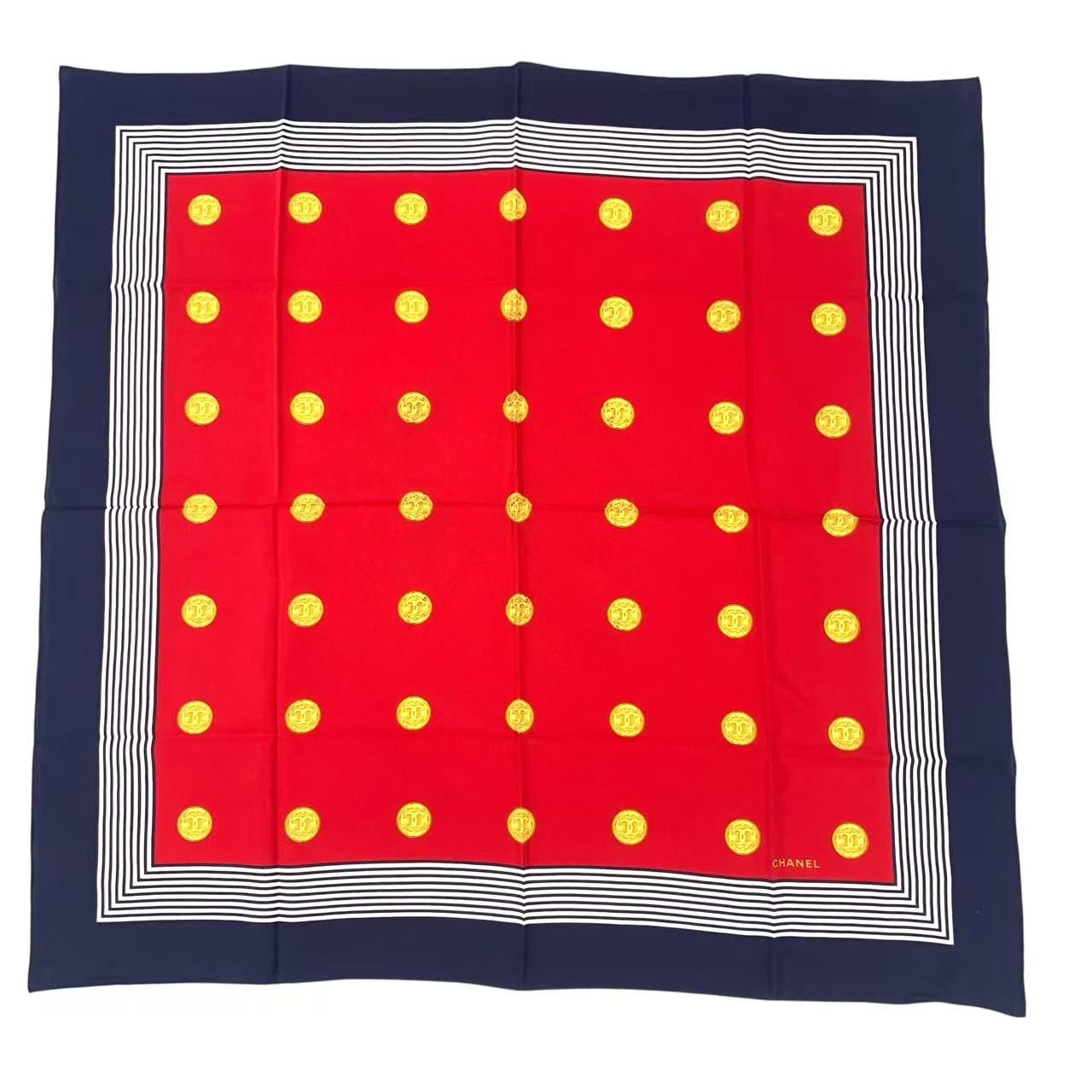 Chanel Scarf Silk CC Logo Gold Coin Pattern Red Multicolor