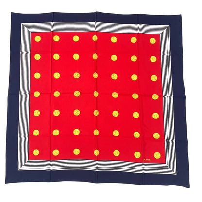 Chanel Scarf Silk CC Logo Gold Coin Pattern Red Multicolor