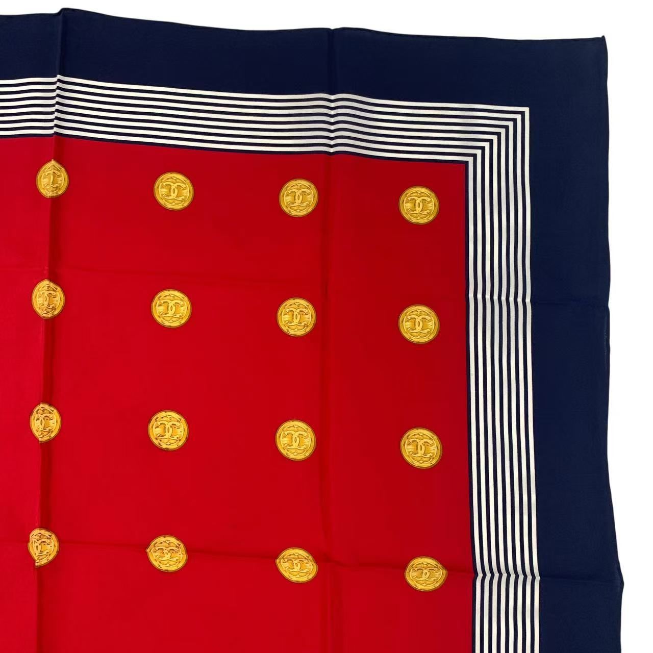 Chanel Scarf Silk CC Logo Gold Coin Pattern Red Multicolor — view 3