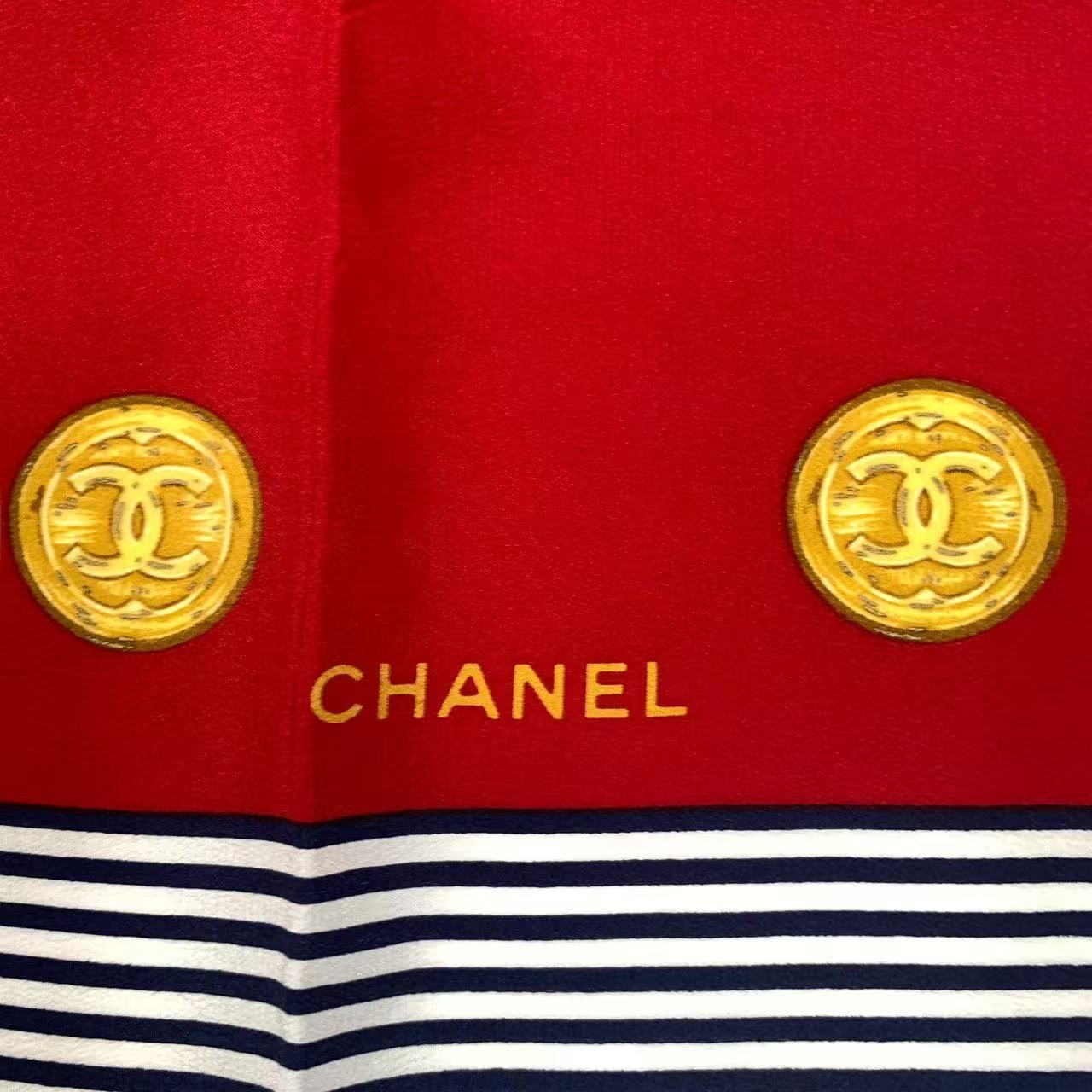 Chanel Scarf Silk CC Logo Gold Coin Pattern Red Multicolor — view 6