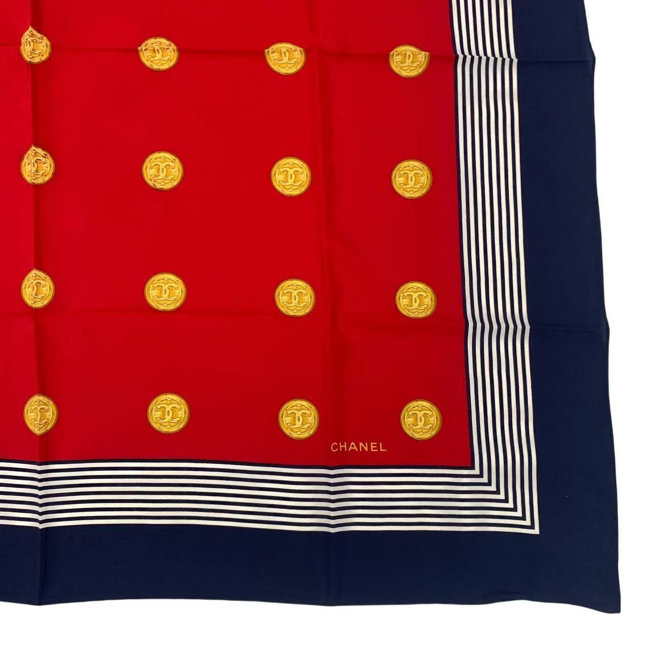 Chanel Scarf Silk CC Logo Gold Coin Pattern Red Multicolor — view 5