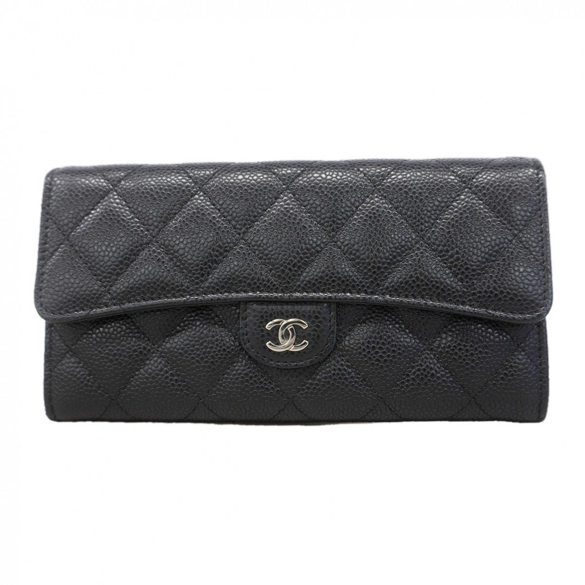 Chanel Wallet Quilted Caviar Leather Black Silver