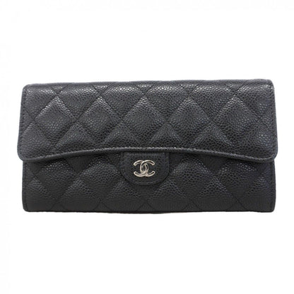 Chanel Wallet Quilted Caviar Leather Black Silver