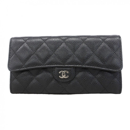 Chanel Wallet Quilted Caviar Leather Black Silver