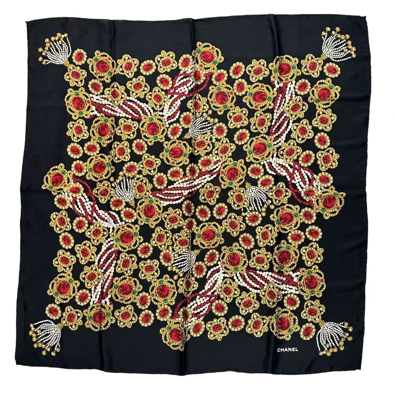 Chanel Scarf Silk Pattern Black Multicolor