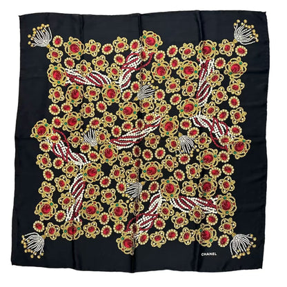 Chanel Scarf Silk Pattern Black Multicolor