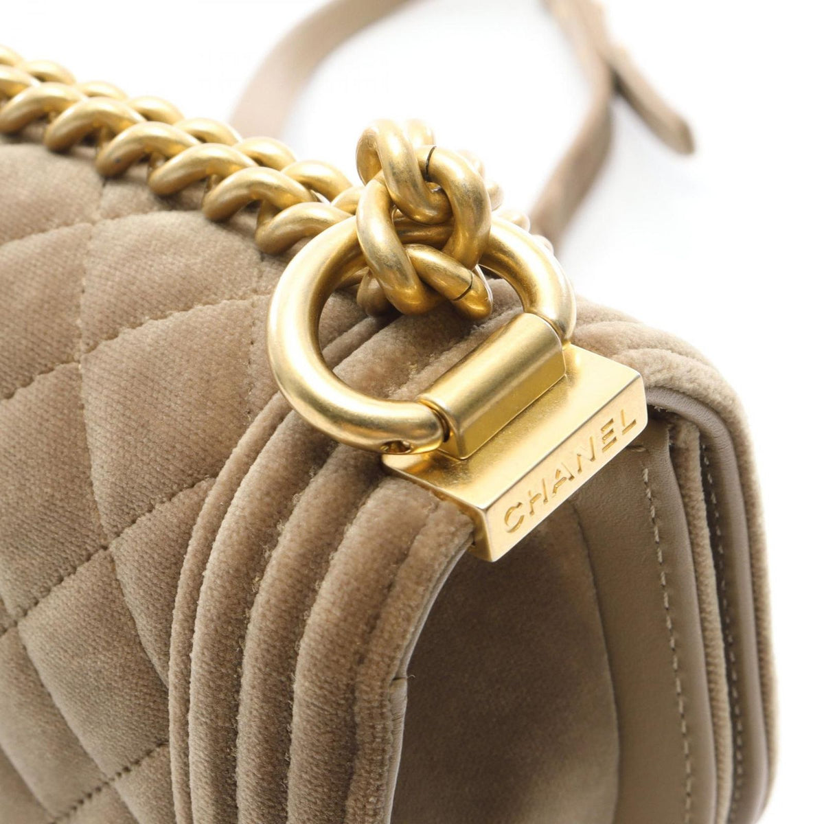 Chanel Shoulder Bag Boy Small Beige Fabric Round Flap Chain — view 6