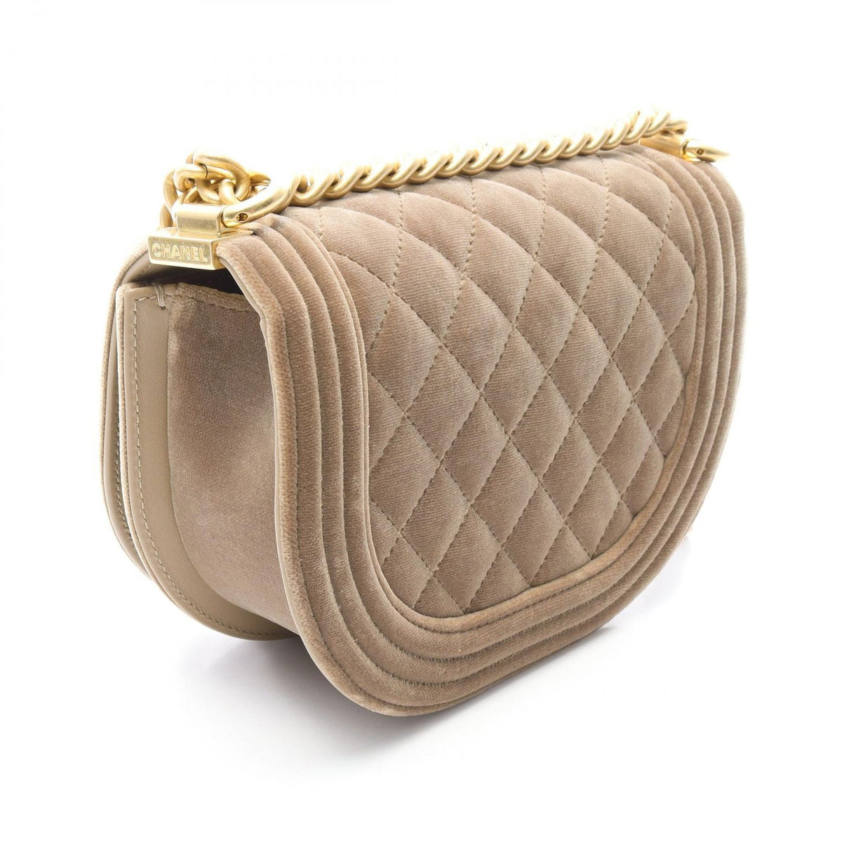 Chanel Shoulder Bag Boy Small Beige Fabric Round Flap Chain — view 2