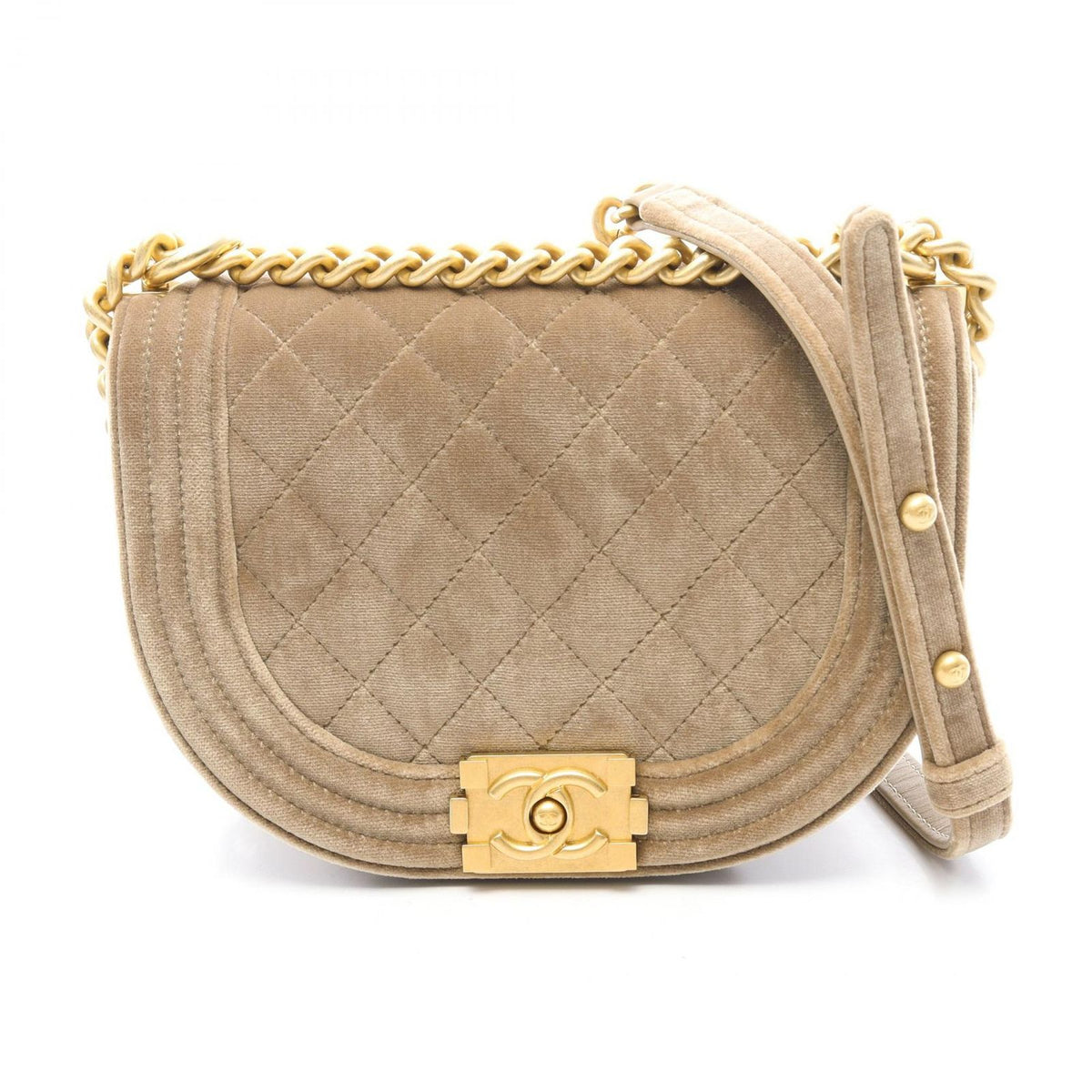 Chanel Shoulder Bag Boy Small Beige Fabric Round Flap Chain