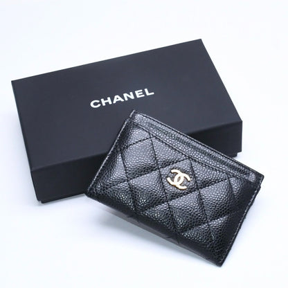 Chanel Classic Card Case Caviar Leather Quilted Black CC Logo Random Serial