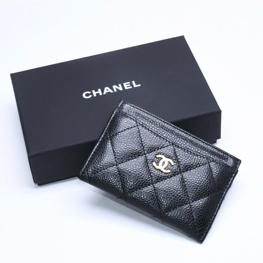 Chanel Classic Card Case Caviar Leather Quilted Black CC Logo Random Serial