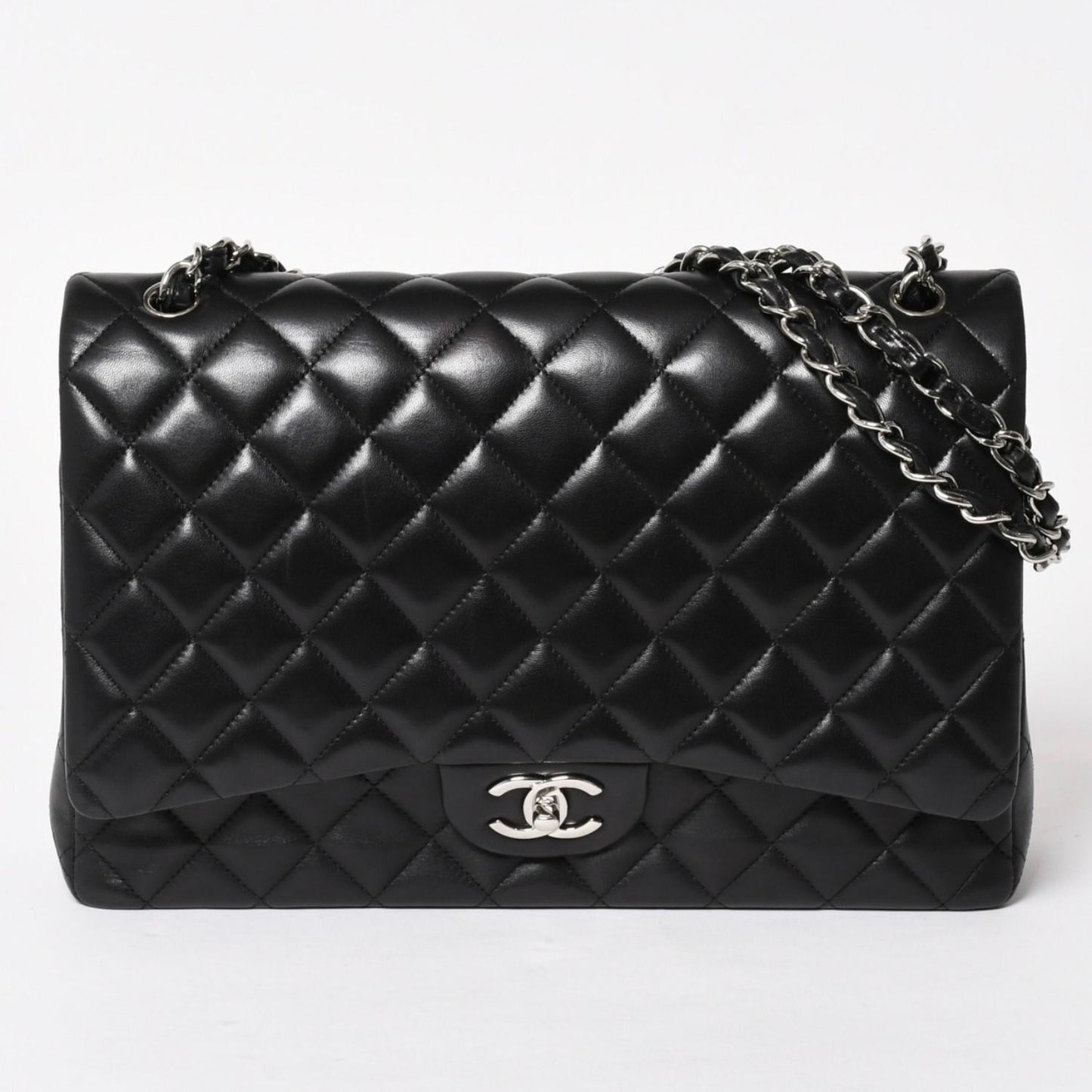 Chanel Maxi Quilted 33 Double Flap Chain Shoulder Bag CC Logo Lambskin Black