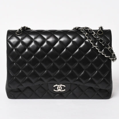 Chanel Maxi Quilted 33 Double Flap Chain Shoulder Bag CC Logo Lambskin Black