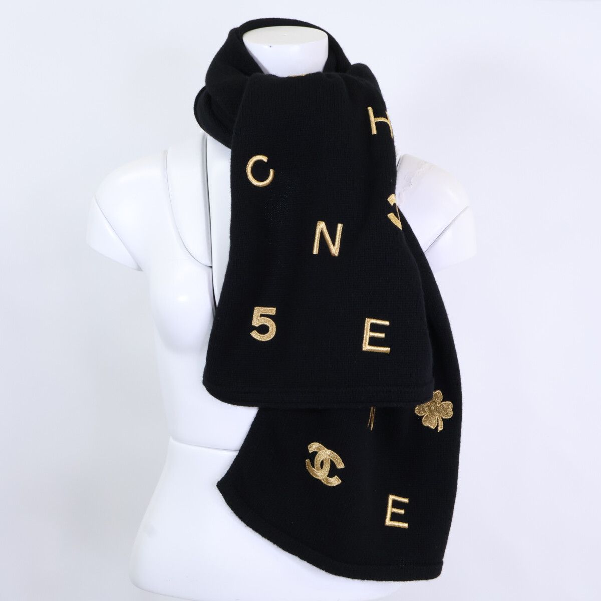 Chanel Clover CC Logo Embroidery Cashmere Scarf — view 7